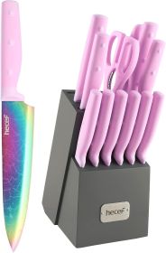 Hecef Rainbow Titanium Pink Knife Set – 14 Pieces with Block & Scissors