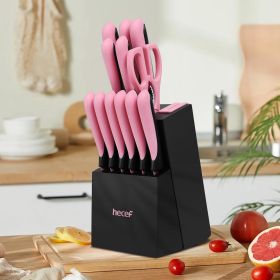 Hecef 13-Piece High Carbon Stainless Steel Kitchen Knife Set with Wooden Block and Built-In Sharpener (Pink)