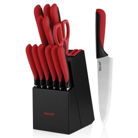 Hecef Knife Set, 13-Piece Satin-finished Sharp and Rust-proof Kitchen Knife set with Sharpener (Red)