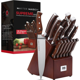 Master Maison German Stainless Steel 15-Piece Knife Set with Block, Sharpener & Walnut Handles