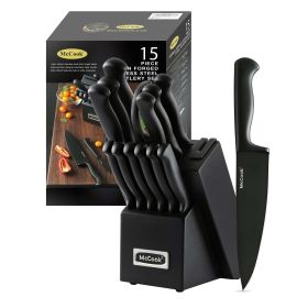 McCook MC21B Black Knife Set, 15 PCS High Carbon One Piece Forged Stainless Steel Kitchen Knife Set, Knife Set with Block and Built-in Sharpener