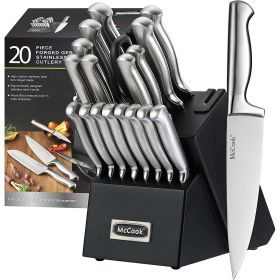 McCook MC69B 20 Piece German Stainless Steel Kitchen Knife Set with Built-in Sharpener. One Piece Design with Black Block