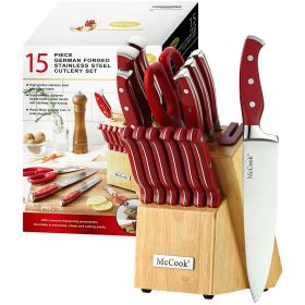 15 Piece McCook MC24  Kitchen Knife Set with Block and Built-in Sharpener.