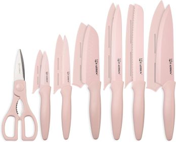 Pink Non-Stick 13-Piece Knife Set with Shears and Anti-Rust Covers