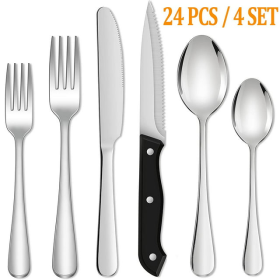 24 Piece Silverware Set with Steak Knives, Stainless Steel Flatware Set, Cutlery Set Service for 4, Mirror Polished