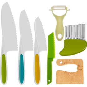 Jetcloudlive Wooden Kitchen Knife Set for Kids, 7-Piece Safe Plastic Serrated Knives for Little Chefs