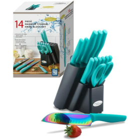 Marco Almond PrismEdge 14-Piece Knife Set – Titanium Rainbow Blades, Teal Handles