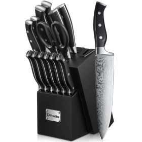 D.Perlla 14-Piece Premium German Stainless Steel Knife Set with Black Block & Built-in Sharpener