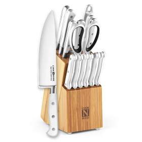 Cook N Home White Kitchen Knife Set – 15-Piece High Carbon Steel in Bamboo Block