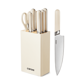 CAROTE 8-Piece Professional Kitchen Knife Set with Block – Razor-Sharp & Dishwasher Safe