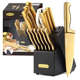 McCook Luxury Gold Titanium Knife Block Set with Built-in Sharpening Block– 15-Piece Edition