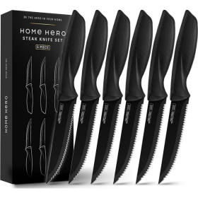 Sleek and Durable Serrated Steak Knives, 6-Piece Set with Dishwasher Safe, Black Blades and Handles