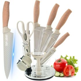 Khaki Chef Knife Set with Diamond Grain Non-Stick Blades, 8-Piece with Block