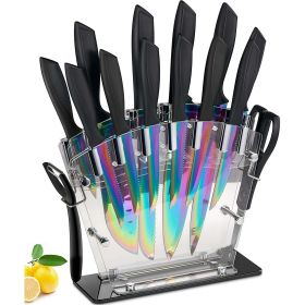 Rainbow Titanium Coated 16-Piece Knife Set with Serrated Steak Knives & Non-Rust Block