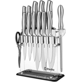 Premium 14-Piece High Carbon Steel Kitchen Knife Set – Silver with Acrylic Stand