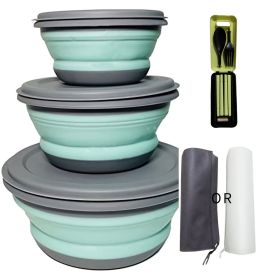 3pcs/set Camping Expandable Food Storage Containers Set With Folding Utensils (Color: Blue)