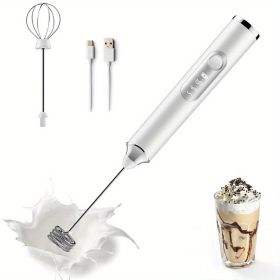 Milk Frother Handheld USB-Rechargeable With 2pcs Stainless Whisk Heads; 3-Speed Adjustable Handheld Milk Frother For Cappuccinos; Hot Choco (Color: White)