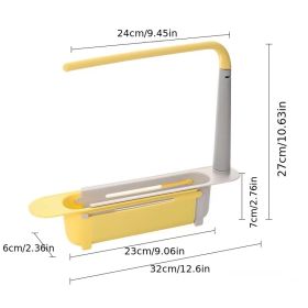 Telescopic Drain Rack – Sink Organizer with Pull-Out Storage & Rag Holder (Color: Yellow)