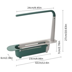 Telescopic Drain Rack – Sink Organizer with Pull-Out Storage & Rag Holder (Color: Green)