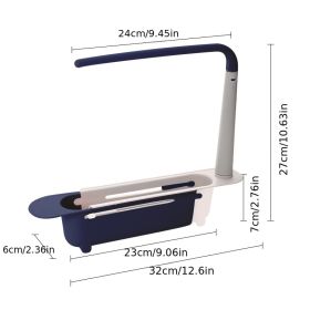 Telescopic Drain Rack – Sink Organizer with Pull-Out Storage & Rag Holder (Color: Navy Blue)